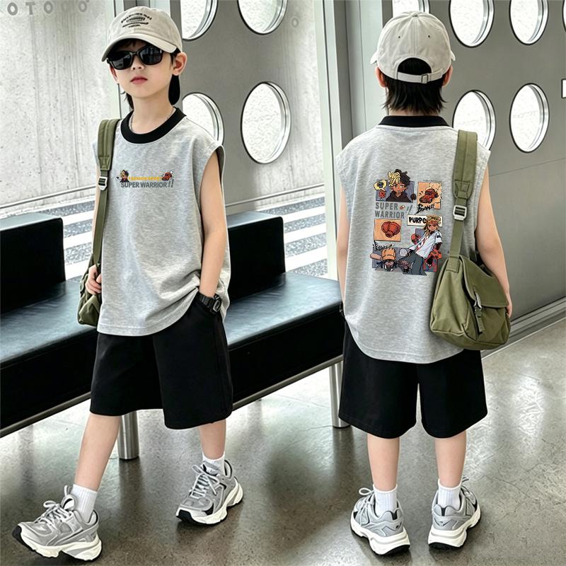 Handsome Boys' Cotton Color Block Vest & Shorts Set - Summer Sleeveless T-shirt 2-Piece for Kids