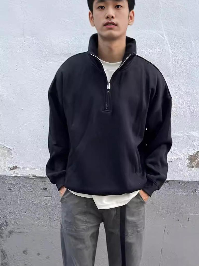 Men's Heavyweight Loose Half-Zip Hoodie – Versatile Spring/Autumn Outerwear with Stand-Up Collar and Unique Design