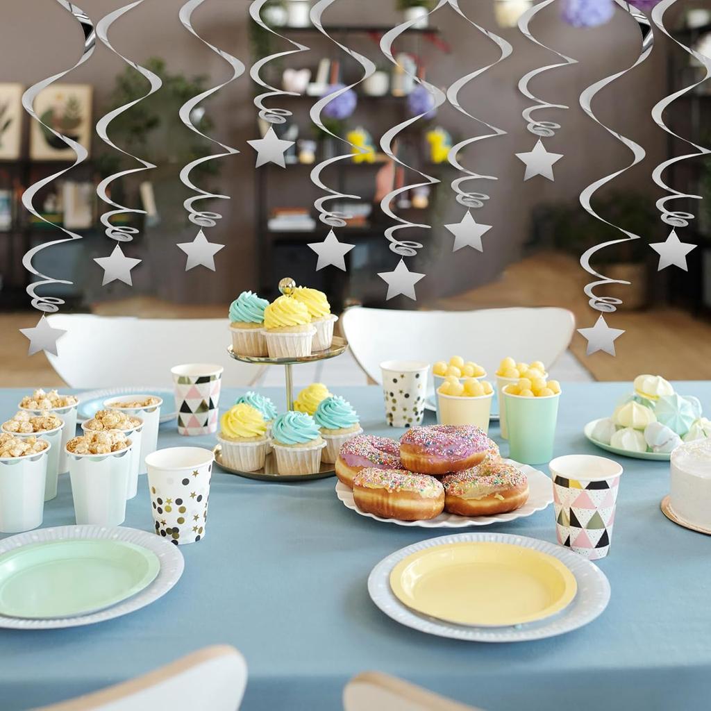20 PCS Silver Hanging Stars for Ceiling, Silver Star Streamers Foil Swirls Party Decorations for Ceiling Graduation Wedding Baby Shower Party