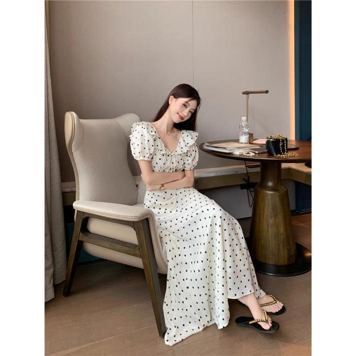 French polka dot ruffled short-sleeve dress, new summer gentle-style waist-cinching long dress for women