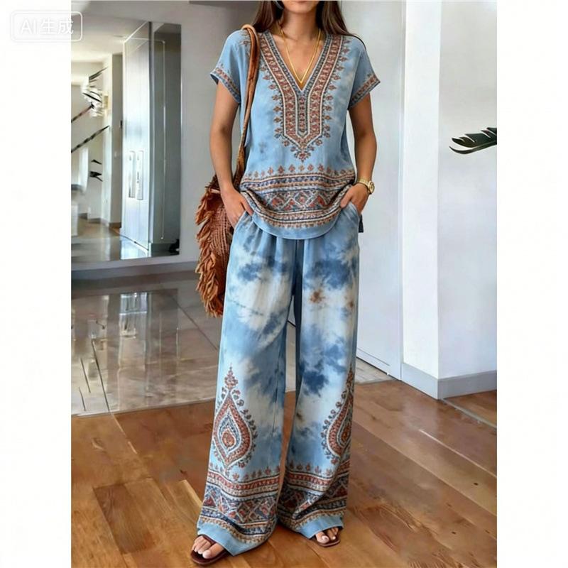 Bohemian vintage gradient stripe set, women's loose V-neck top with wide-leg pants, vacation-style casual two-piece set