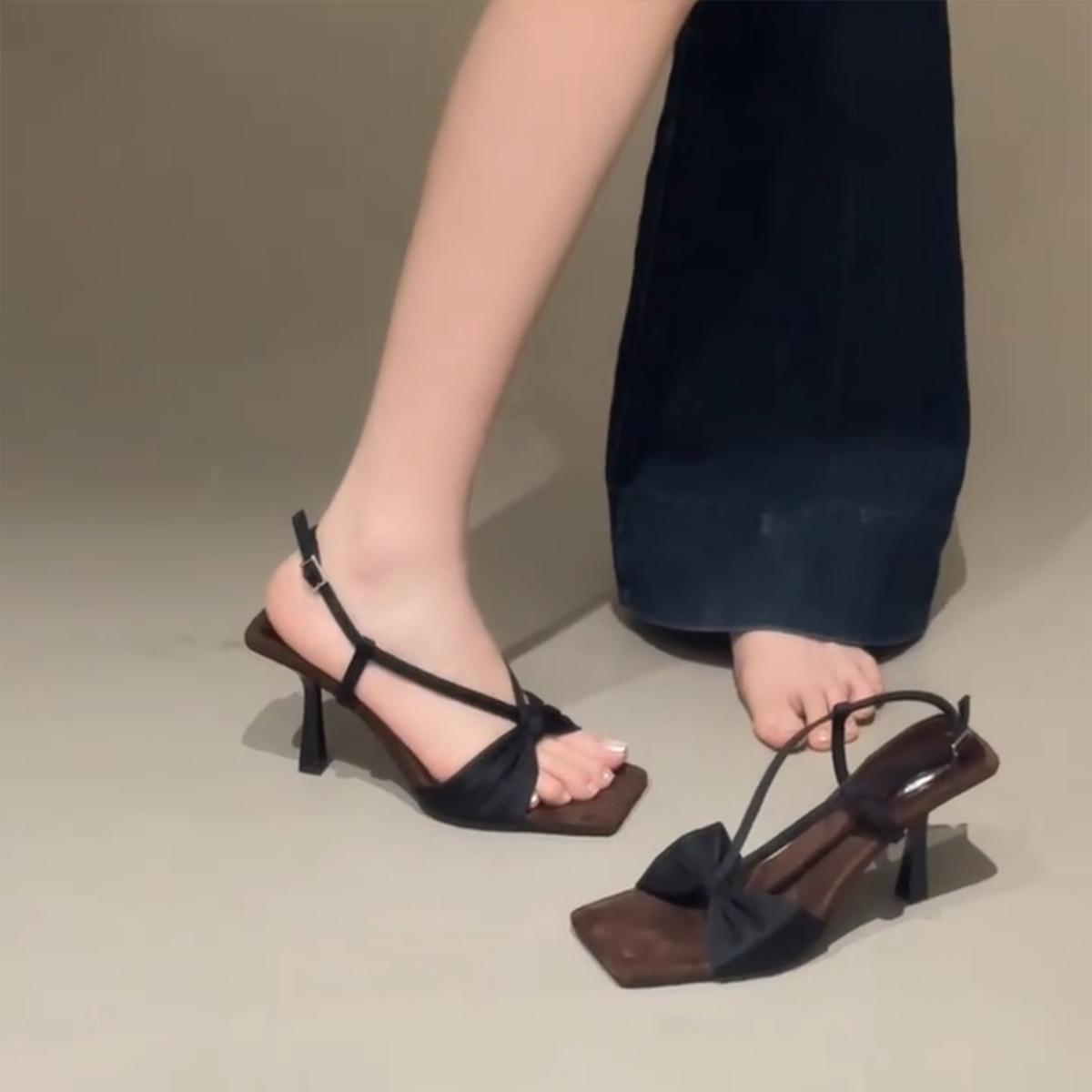 

French haute couture bow square head open-toed stiletto high heels women s summer temperament with skirt sandals 42