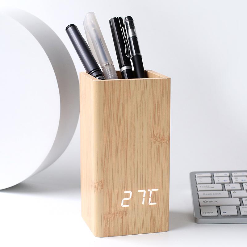 

Creative L Pen Holder Alarm Clock Electronic Digital Clock Office Stationery Pen Holder Table Wooden Clock Multifunctional Wooden Clock .