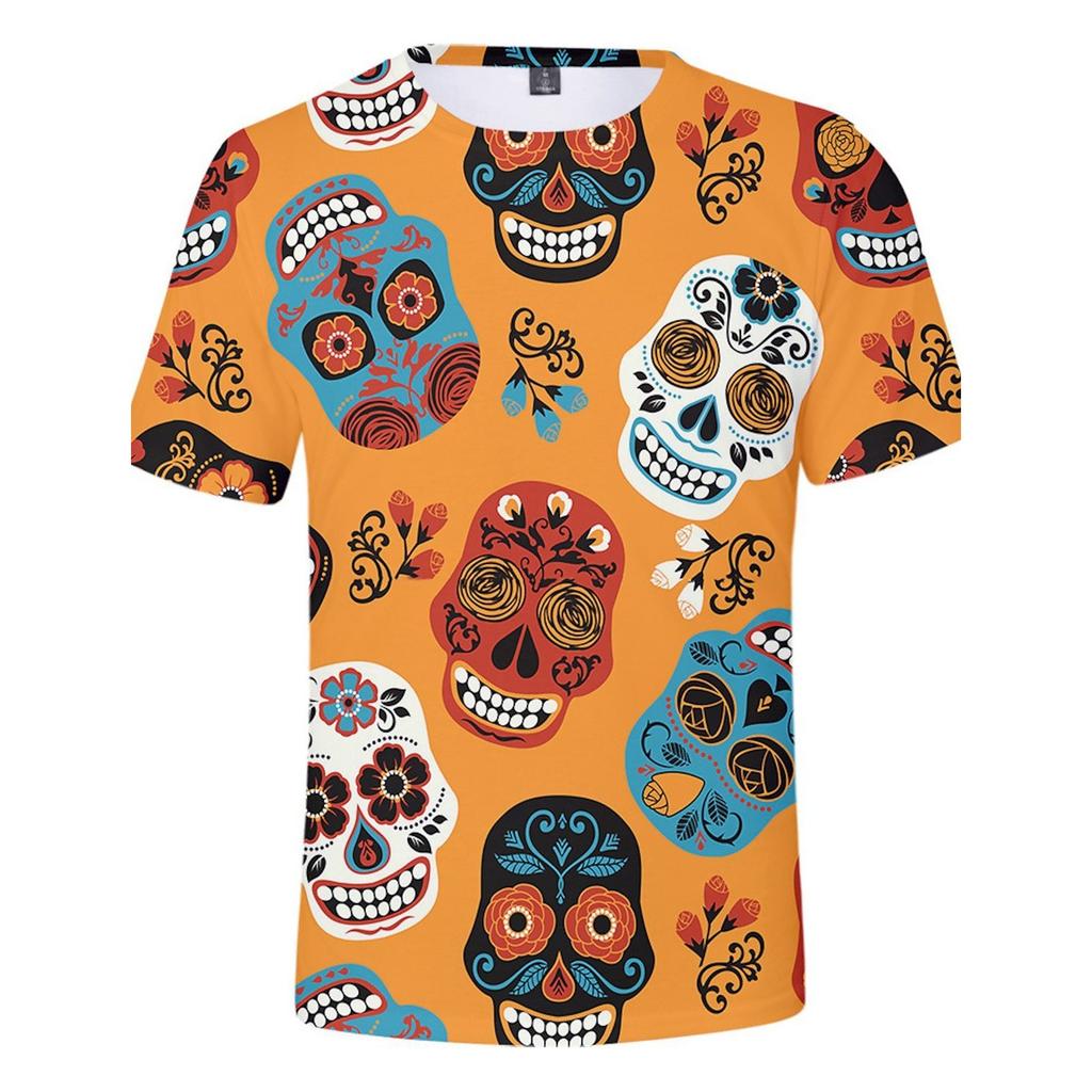Summer Round Neck 3D Day of the Dead Colorful Skull Print Top Fashionable Casual Short Sleeved Men's and  Women's Unisex T-shirts