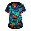 Women V Neck Short Sleeve Printed Scrub Top with Pockets and Side Slits for Work Uniforms Holiday Theme