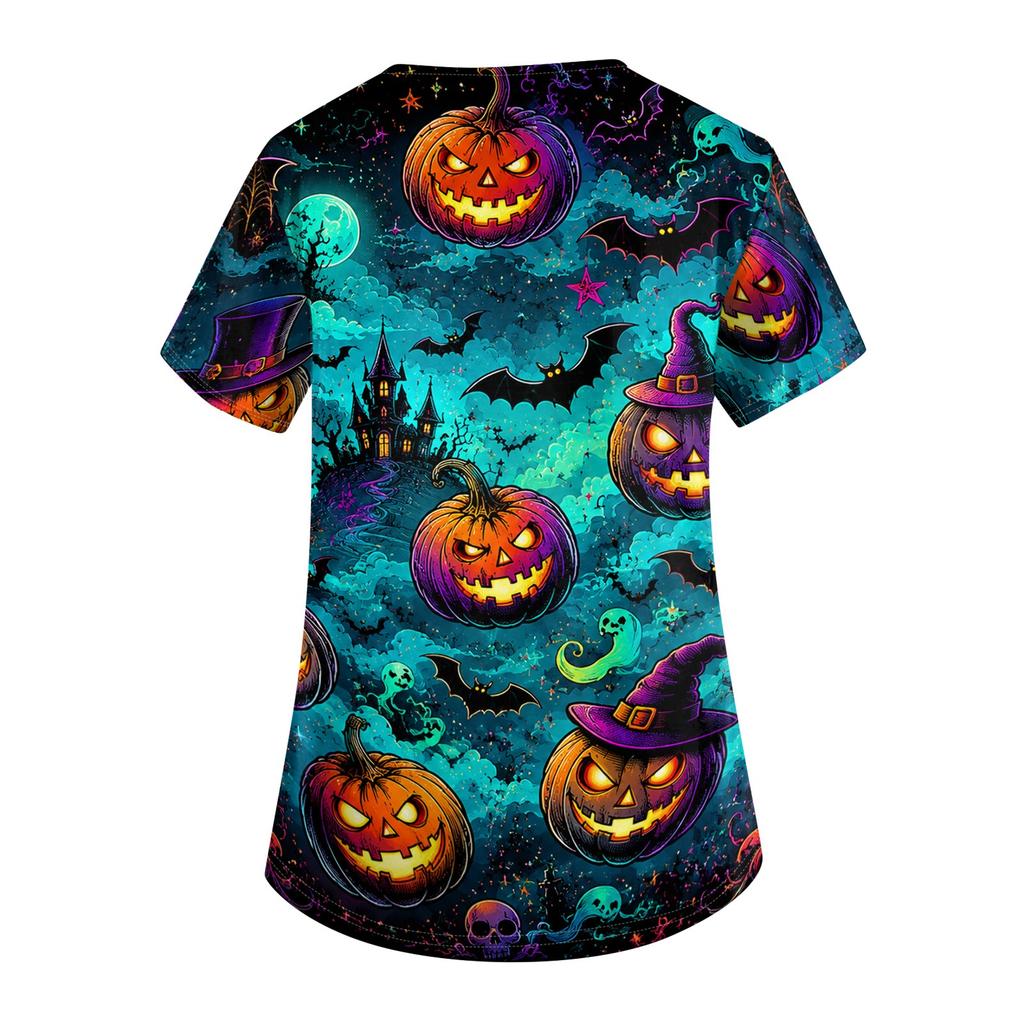 Women V Neck Short Sleeve Printed Scrub Top with Pockets and Side Slits for Work Uniforms Holiday Theme