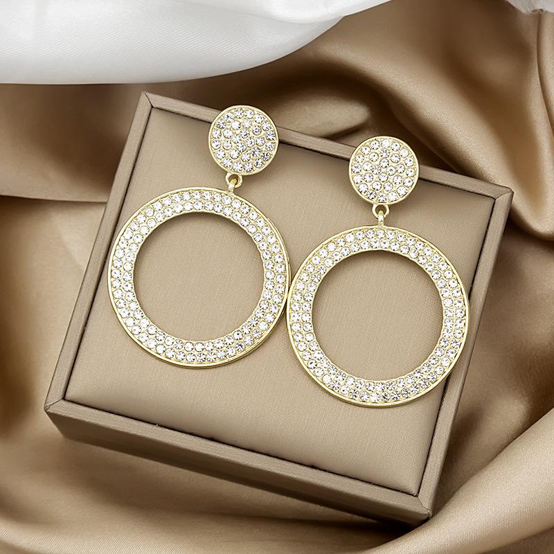 Exaggerated Super Flash Full Drill Geometric Hollow Circle Earrings Atmospheric Round Stud Earrings