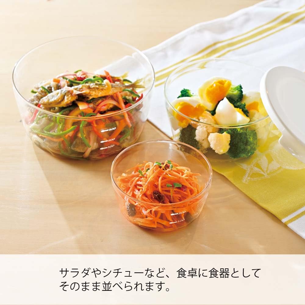 HARIO Glass Storage Set of Microwave and Dishwasher Made in Heat-Resistant Containers, Round, S/M/L, 3, White, Safe, 300mL/600mL/1200mL, Japan,
