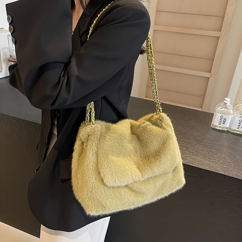 Chic Olive Green Plush Shoulder Bag With Chain Strap Magnetic Closure Faux Fur Crossbody Handbag For Women