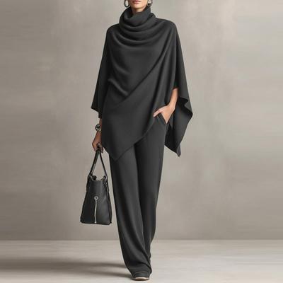 Women's Fashionable Suit Piled Collar Cape Top Wide-leg Pants Two-piece Set