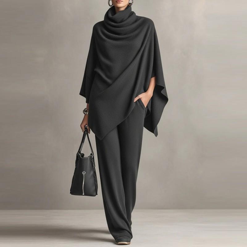 Modisches Damen-Anzug-Set mit hochgeschlossenem Umhang-Oberteil und Hosen mit weitem Bein