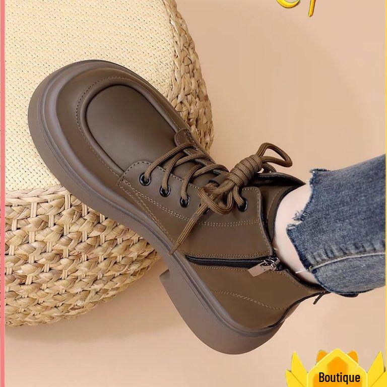 Women's Autumn/Winter Soft Leather Martin Boots, British Style, Mid Heel, Plus Cotton, Thick Sole, Versatile Ankle Boots
