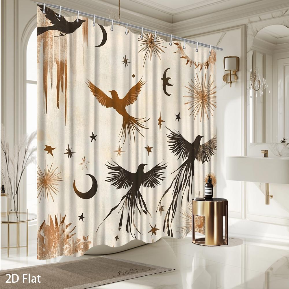 Birds & Stars Shower Curtain – Elegant Celestial Design, 2D Flat, Multiple Sizes, 59X70.8In To 90.5X70.8In, Includes Hooks