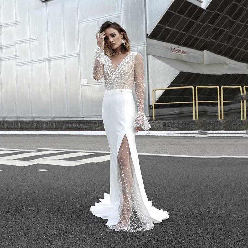 2025 Summer Autumn Women's Sheer Mesh Wedding Dress, Sexy V-Neck Long Sleeve Gown With High Slit, White See-Through Bridal Dress For Formal Events