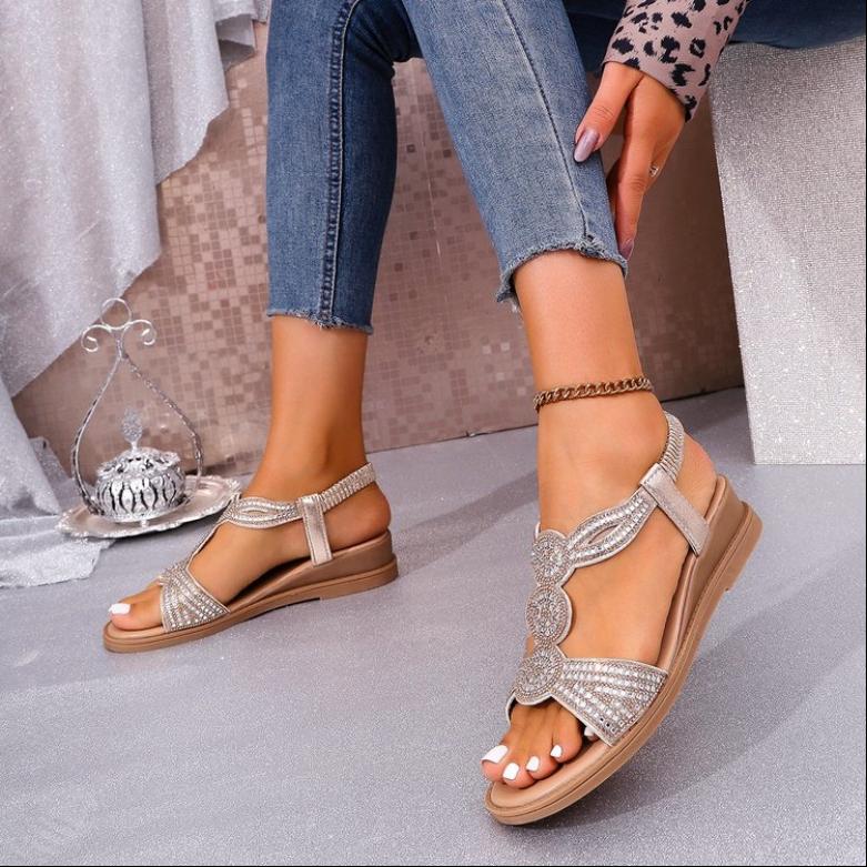 Fashion Shining Crystal Wedge Sandals for Women Summer 2025 Elastic Band Non Slip Beach Sandalias Mujer Fashion Pearl Decor Party Shoes