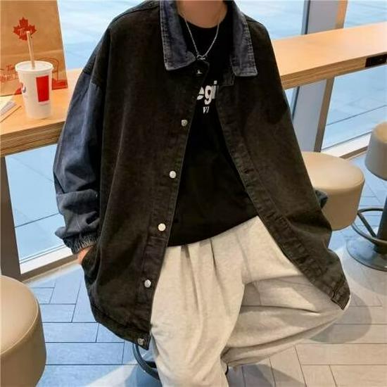 Hong Kong Retro Denim Jacket: Men s Autumn Color-Block Lapel, Trendy & Versatile XXL