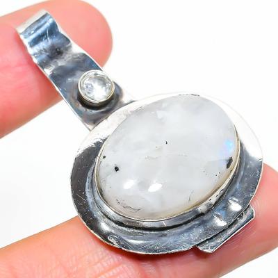Natural Rainbow Moonstone, Topaz Gemstone 925 Sterling Silver Pendant 2.01" a3V88