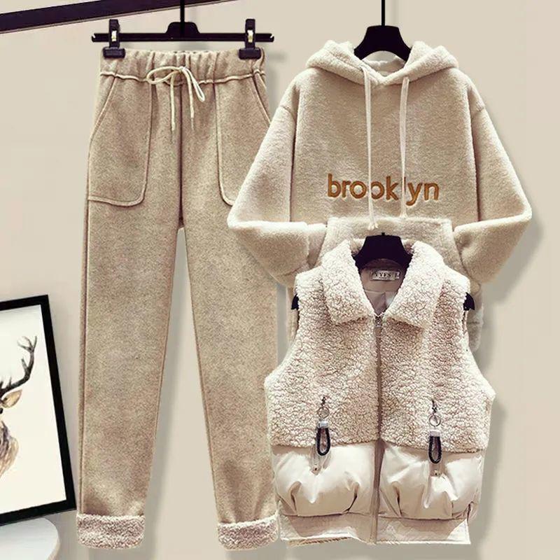 Sweet and Salty Street-Style Winter Vest, Lamb's Wool Sweatshirt, Wool Blend Pants Set: Trendy Autumn/Winter Women's Outfit, Youthful Style