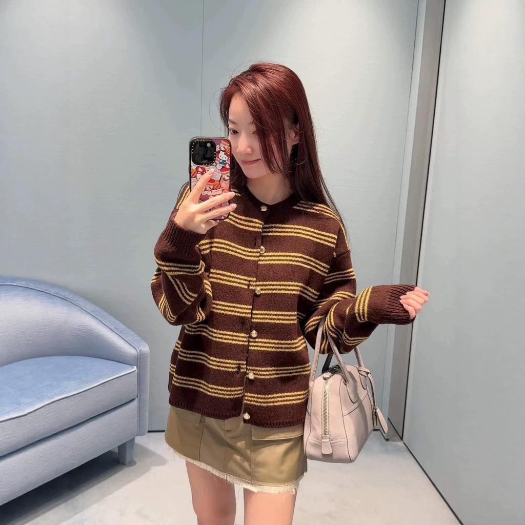 European Retro Autumn Logo Stripe Soft Texture Long Sleeve Sweater Cardigan for Women