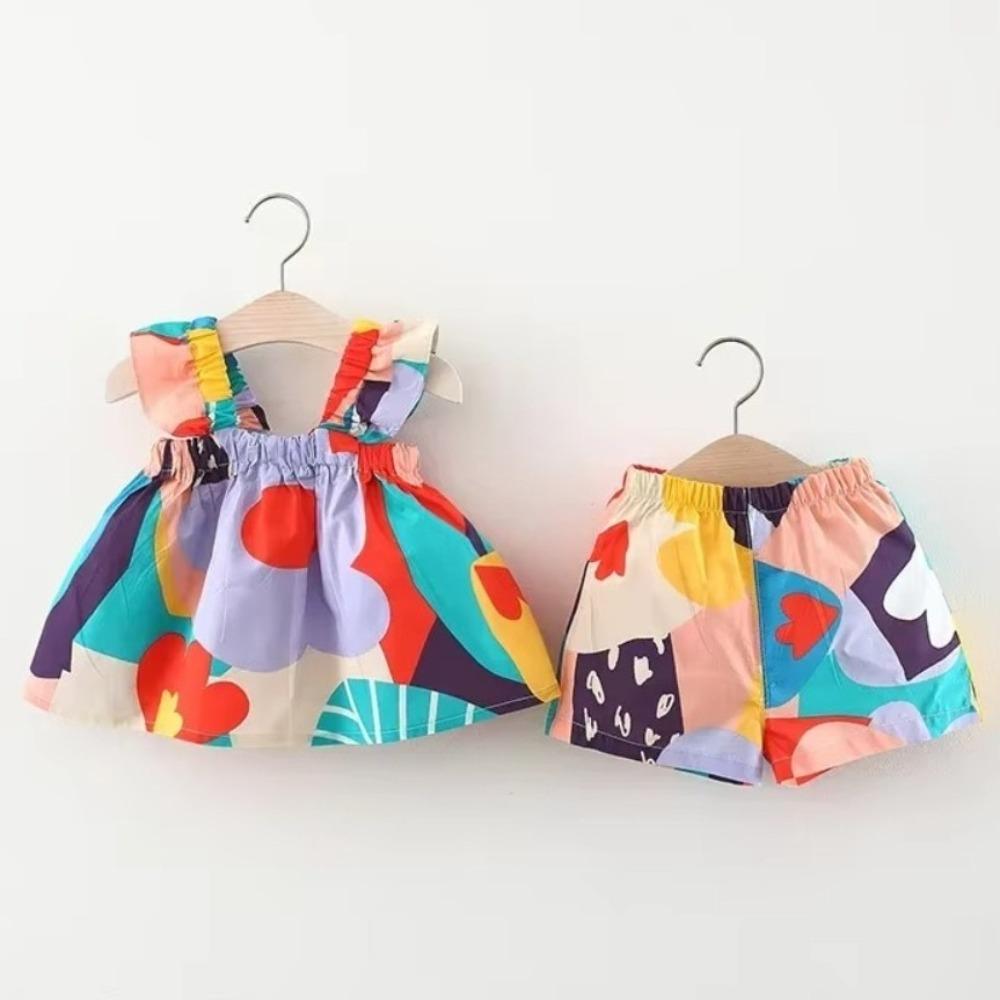 

Floral Pattern Suspender Top Chiffon Little Kids Clothes Suit New Vest Shorts for Summer for 80cm-A