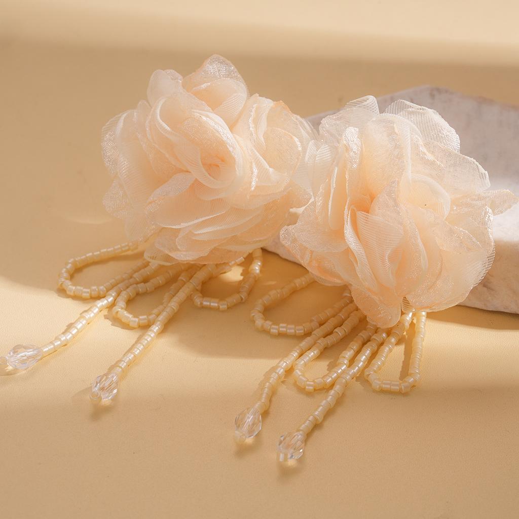 European and American exaggerated chiffon flower glass fringed silver needle earrings, elegant personality, niche earrings for 