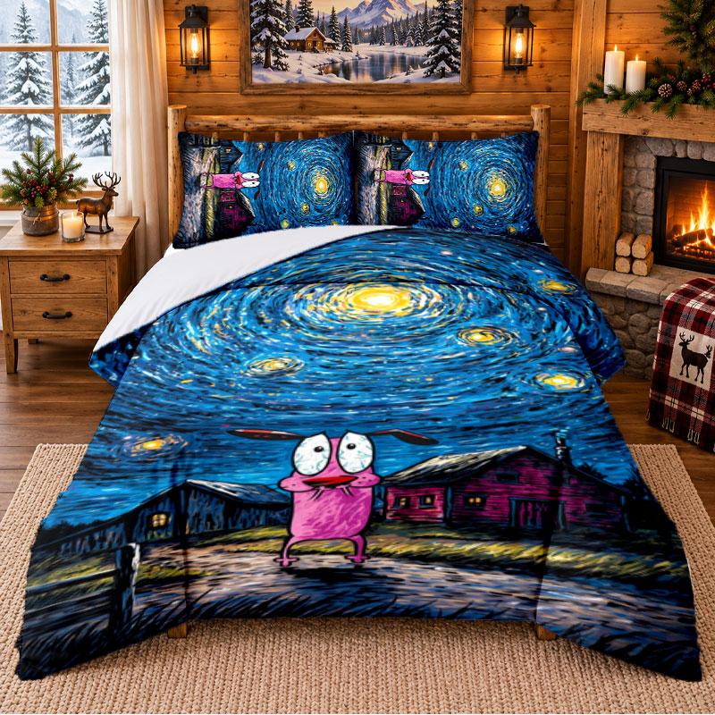 Courage the Cowardly Dog Pattern Bedding 3Pcs Set Bed Sheet And Pillowcases For Indoor Bedroom