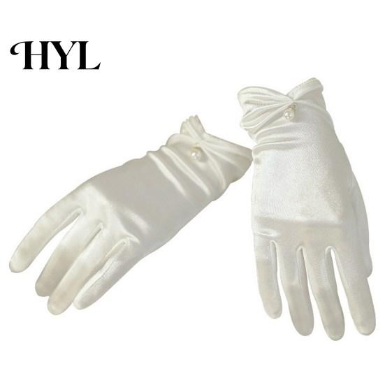 Wedding Bridal Gloves 1 Pair Faux Pearls Decor Shirring Cuffs Solid Color Elegant Short Wrist Satin