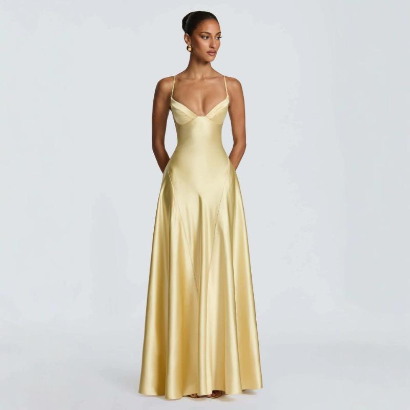 Vestido largo casual de tirantes finos para mujer, ajustado, de satén, sin espalda, línea A, vaporoso