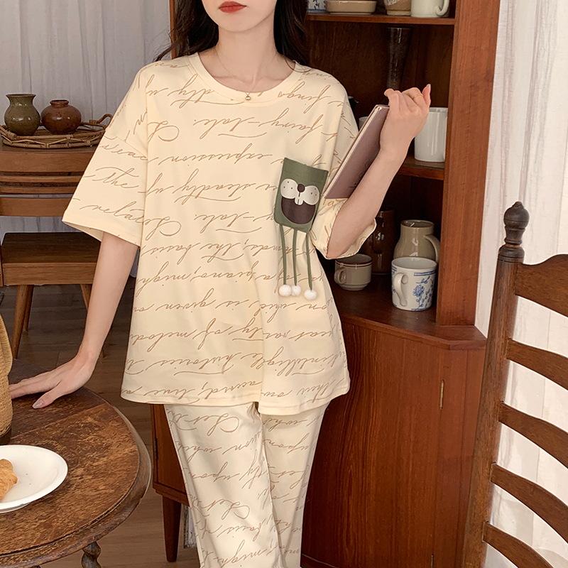 Women s Korean-Style Short Sleeve Cotton Pajama Set – Cute Summer Homewear XXL