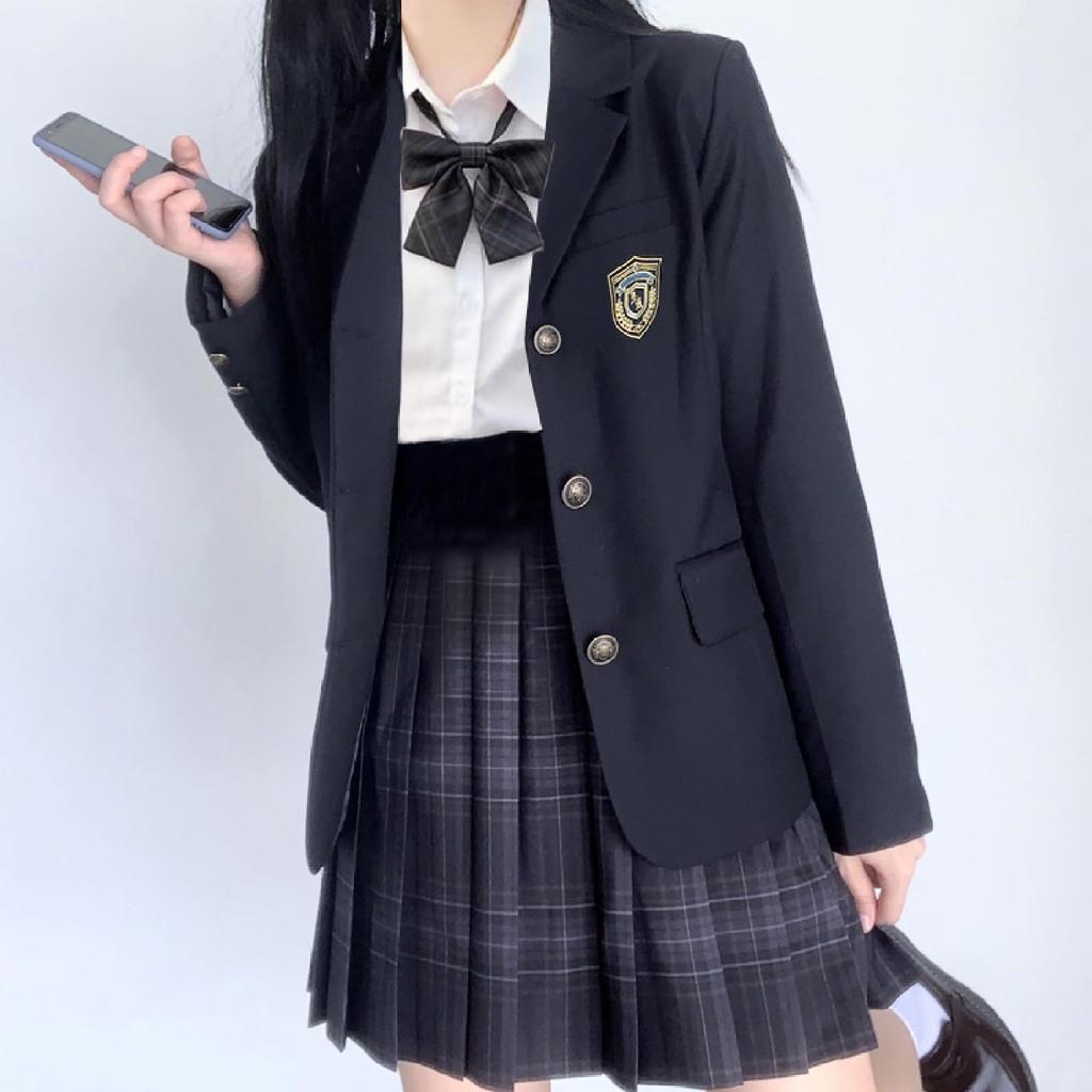 QOOLY Uniformă de Liceu Marină Carouri Blazer și cu pentru Asortare Școală Absolvire Halloween Mărime M Set 5 Piese, Costum, Fustă, Panglică, Femei,