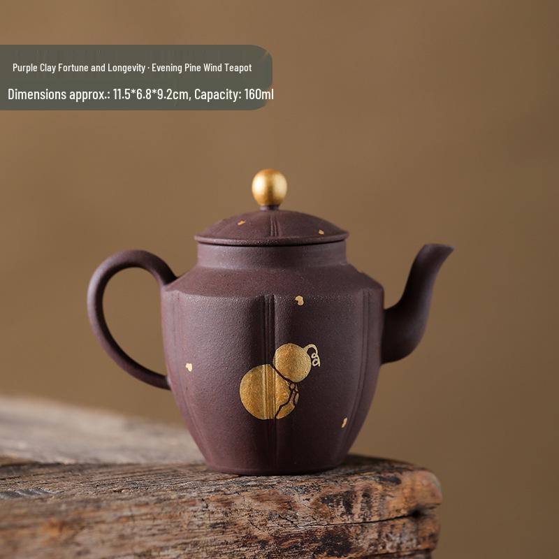 Hand-Painted Purple Clay Golden Gourd Teapot - Chinese Retro Fu Lu Ceramic Kung Fu Tea Set
