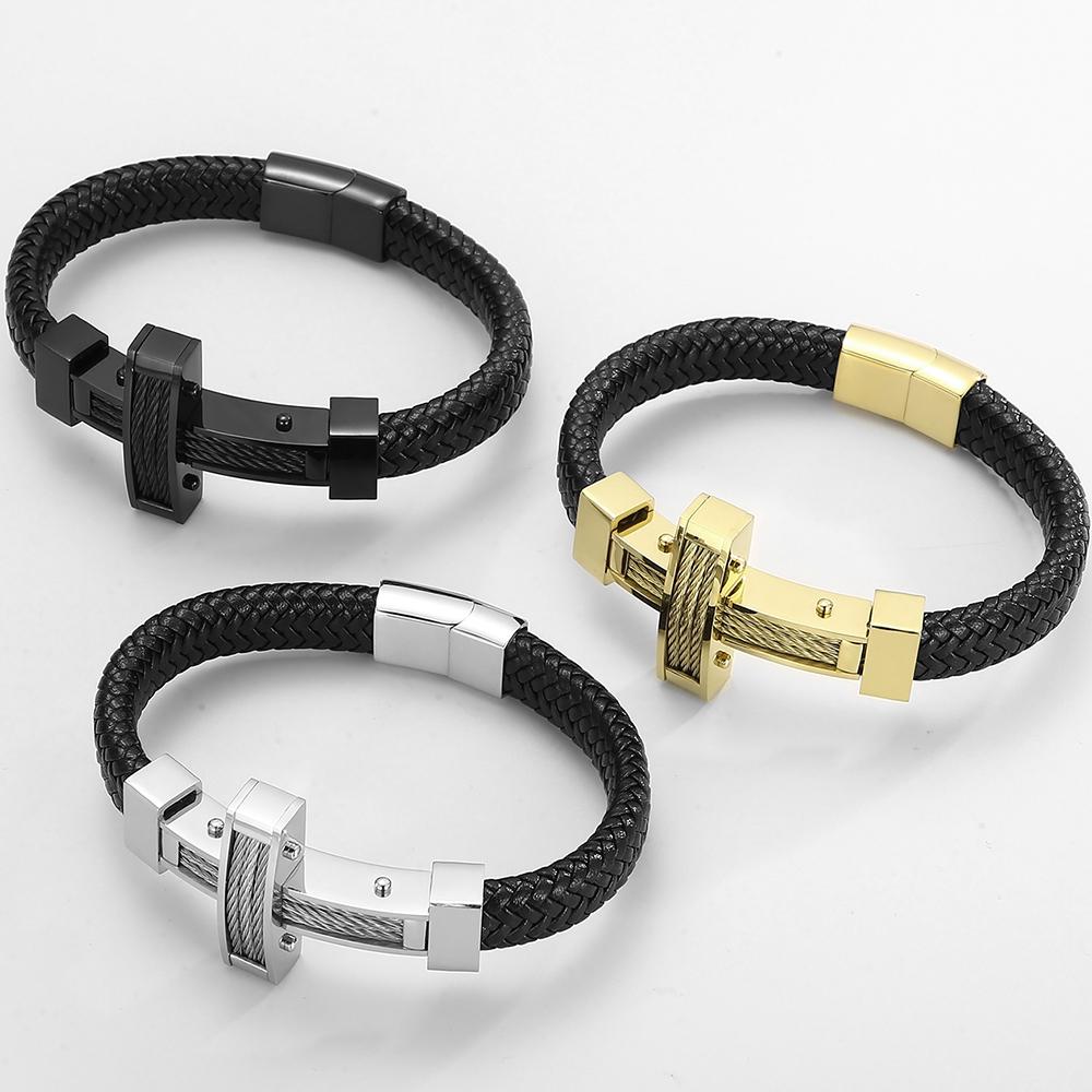 Handmade Braided Leather Wrap Bracelet for Men Stainless Steel Men's Cross Bracelets With Magnet Clasp Birthday Party Jewelry