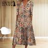 HNXC Elegant Women Dresses V Neck Short Sleeve Button Party Dress Female Summer Vintage Print Dress Casual Loose Floral Ladies Dresses