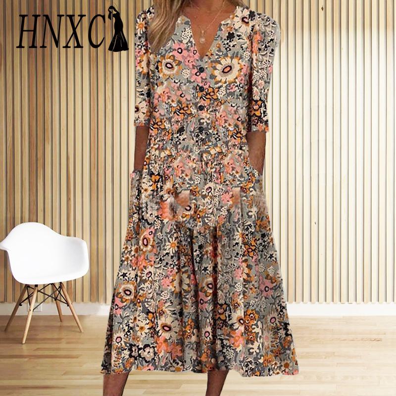 HNXC Elegant Women Dresses V Neck Short Sleeve Button Party Dress Female Summer Vintage Print Dress Casual Loose Floral Ladies Dresses