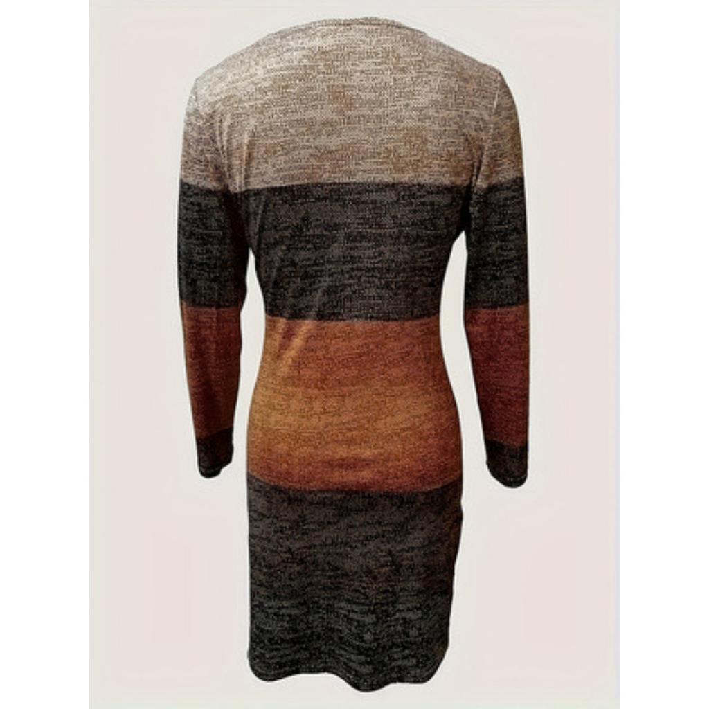 Spring Autumn Color Block O-neck Long Sleeve Casual Comfortable Dress for Women