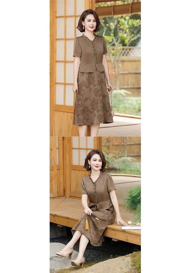 Mom's Elegant Chinese-Style Plus Size Dress: Slimming, Tummy-Concealing Summer Short Sleeve for Middle-Aged and Elderly Women