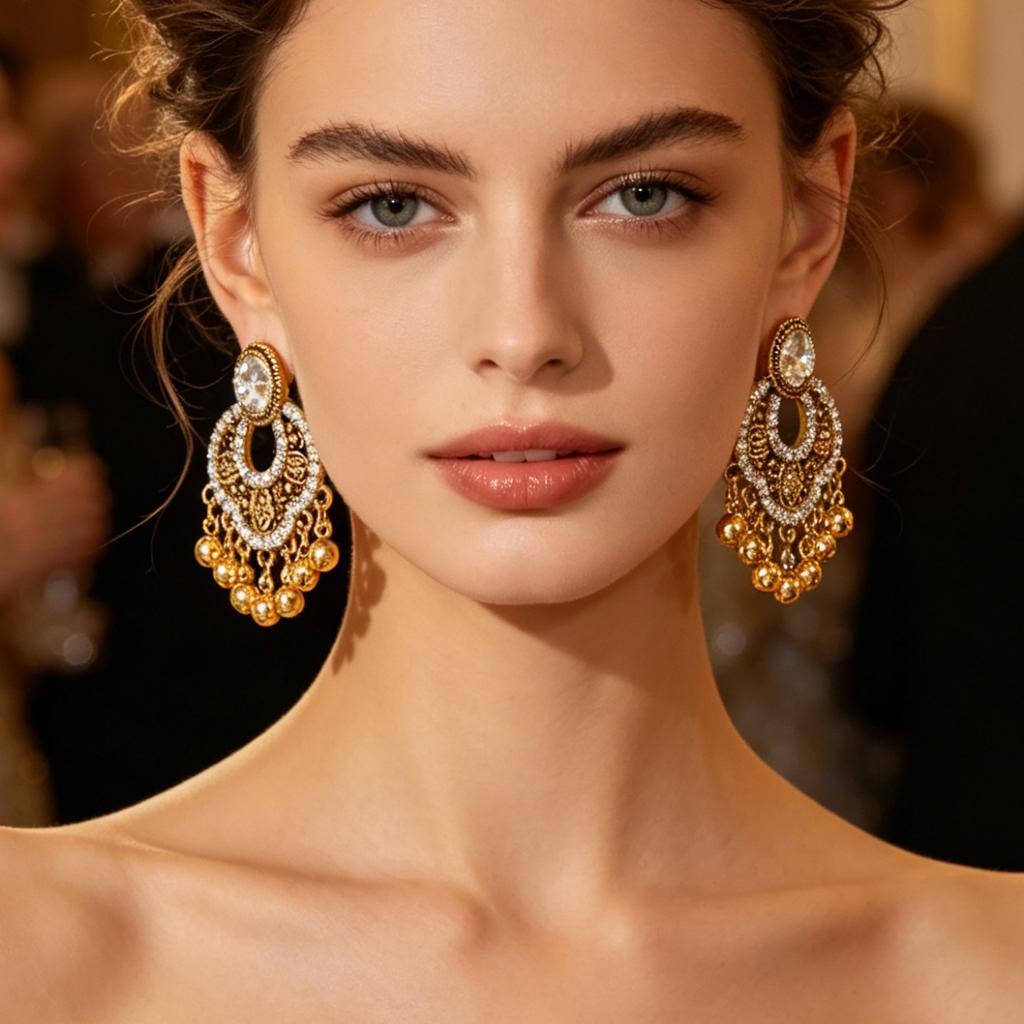 Vintage Diamond-Embellished Hollow Tassel Petal Earrings for Women, Bohemian Ethnic Style Exaggerated Carved Travel Drop Earrings