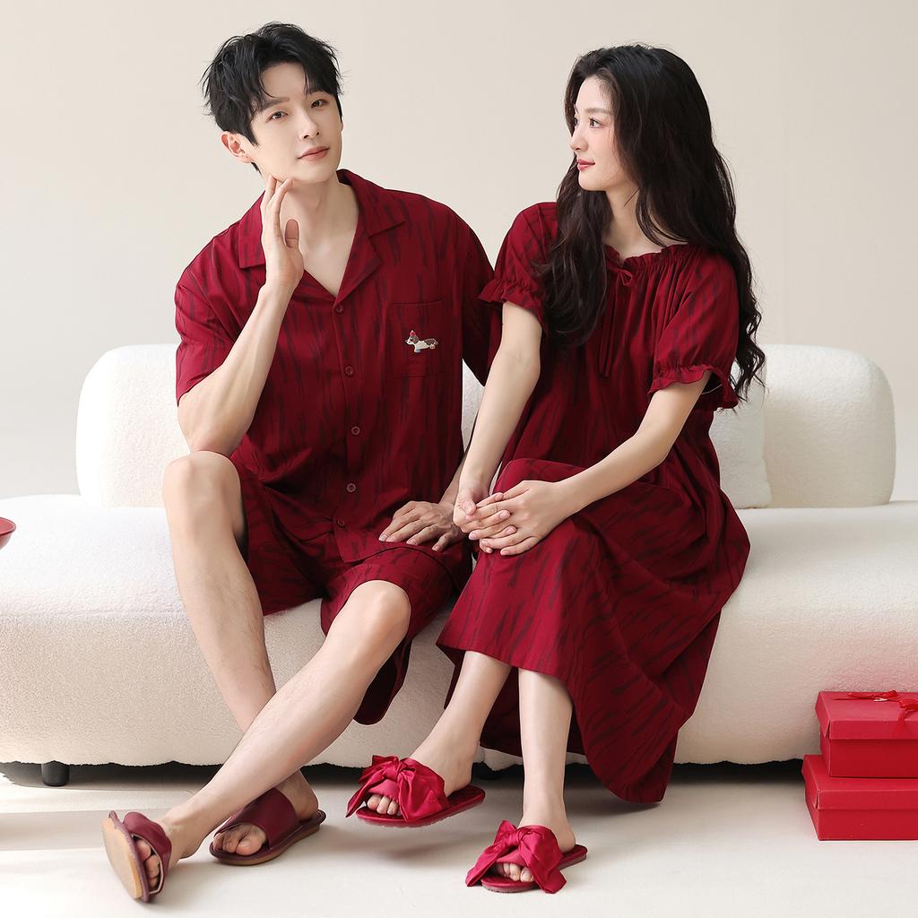 Couple Wedding Pajamas Summer Cotton Short-sleeved Pajamas Women's Wedding Men's Cardigan Red Natal Year Loungewear Set