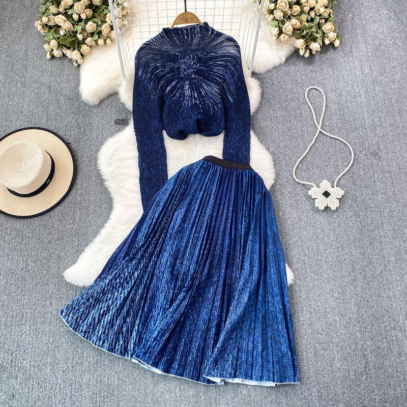 Sanzhai Ruched Celadon High Waist Skirt Fashion Suit