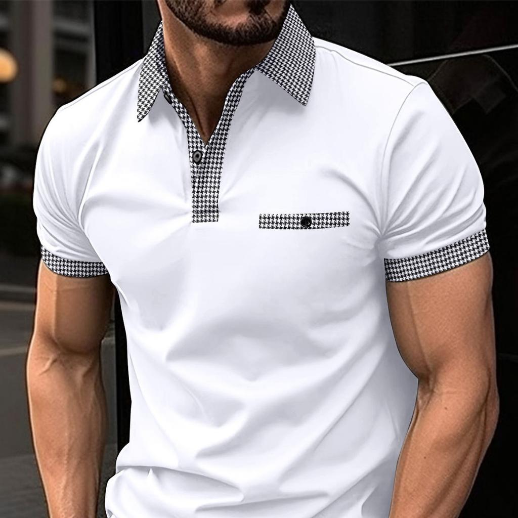 European American Style Men's Summer Short Sleeve Polo Shirt Button Turn Down Collar T-shirt Color Block Sports Rugby Shirt