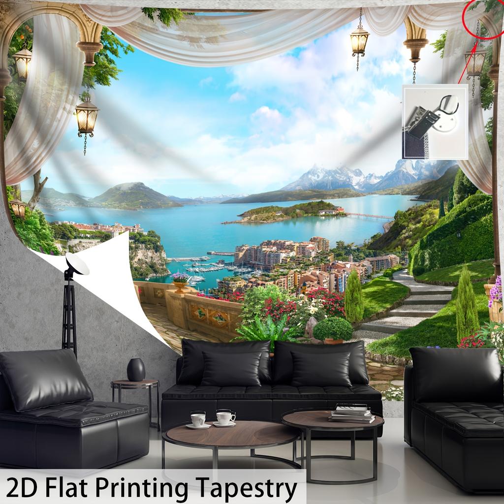 European Window View Tapestry, Lake And Mountain Landscape Wall Hanging, 2D Flat Printing Home Decor For Bedroom Living Room