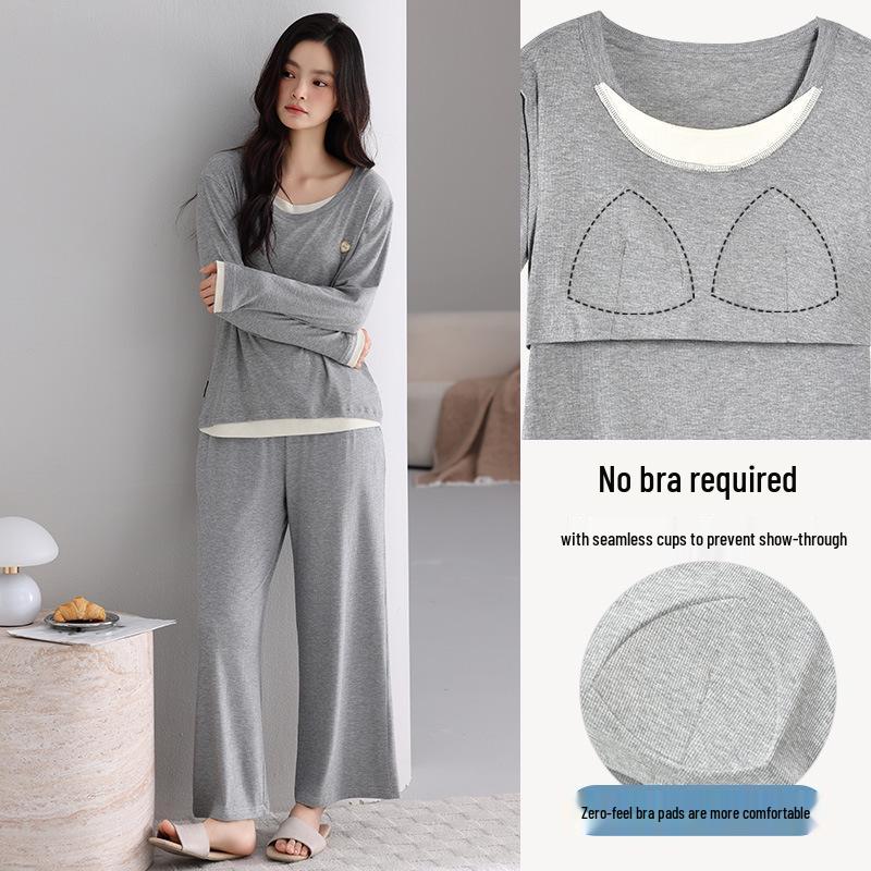 Women's Fall Pajama Set: Long Sleeve & Long Pants with Breast Pads, Modal Fabric, Wear Indoors or Outdoors