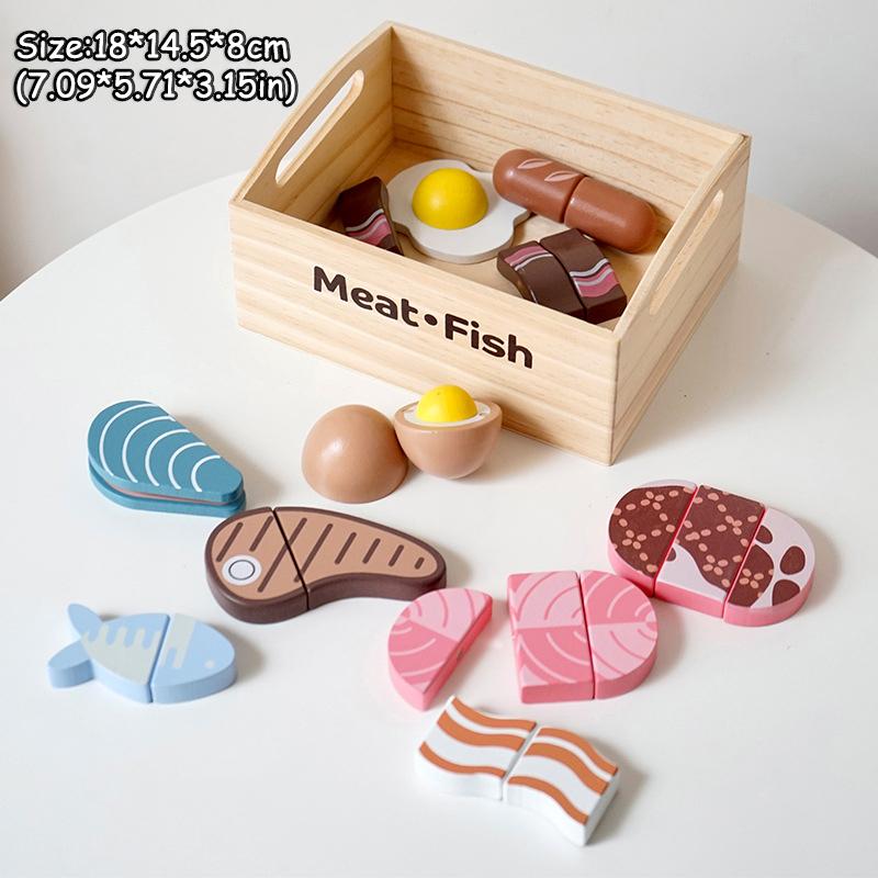 Conjunto de Brinquedos de Cozinha de Madeira para Brincadeiras de Faz de Conta Gancho Magnético Velcro Frutas Legumes Carne Sobremesa Brinquedos Educativos de Role Play