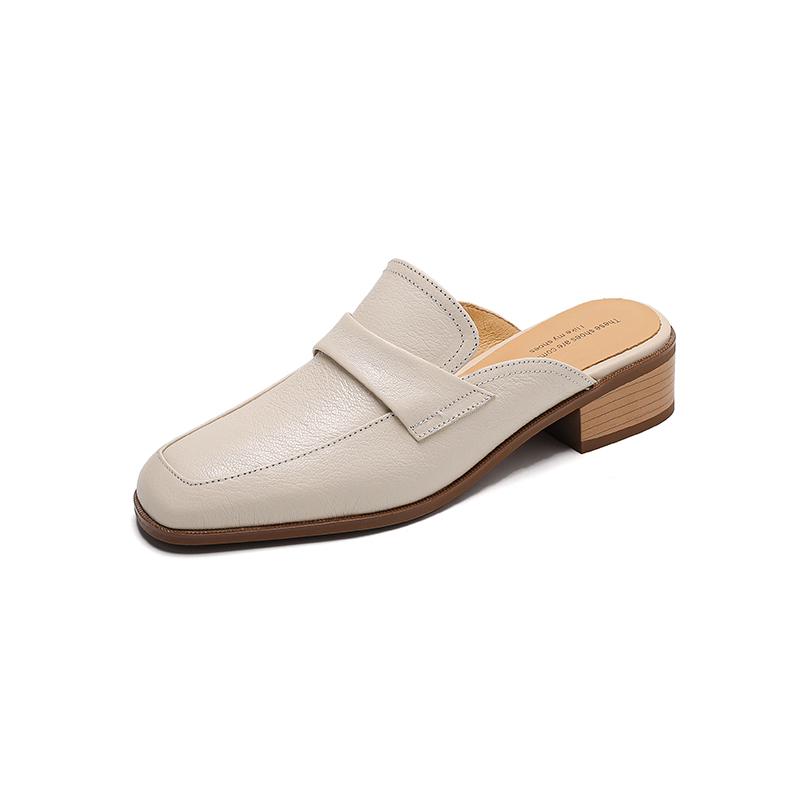Fashion 2025 Summer Covered Toe Genuine Leather Slippers Women Thick Heels Casual Mules Summer Daily Walk Sheepskin Leather Slippers