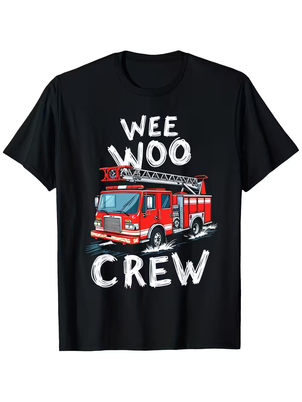 Funny Fire Truck Wee Woo Crew T-Shirt - Firefighter Design with Fire Truck & Maltese Cross Emblem XL