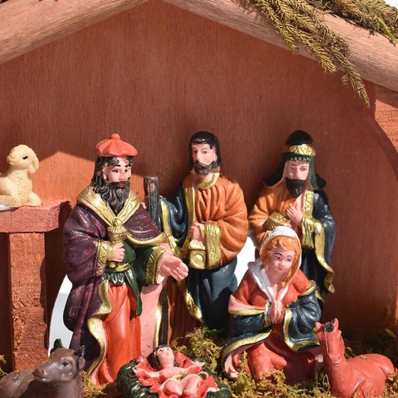 Permanent Religious Birth Manger Display With Oaken Stable And Rosin Figures