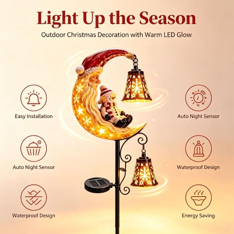 Moon Holiday Figure Garden Stake Light for Christmas Yard Styling, Solar Outdoor Accent with Warm Light for Lawn Spots and Entry Views