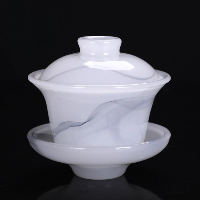 Light Luxury Glazed Three Talents Cover Bowl White Jade Household Kung Fu Tea Set Office Meeting Guest Gift Jade Porcelain