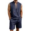 Men Solid Linen 2 Piece Outfit Mandarin Collar Lace Up Sleeveless Tank Drawstring Shorts Beach Set