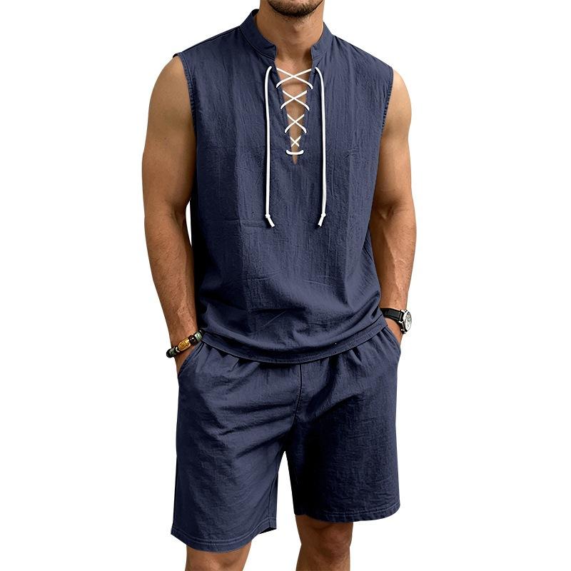 Men Solid Linen 2 Piece Outfit Mandarin Collar Lace Up Sleeveless Tank Drawstring Shorts Beach Set